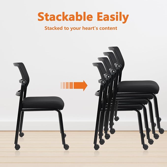 CLATINA 4PK Mesh Stacking Office Desk Chairs with Wheels, Portable Stackable Bulk Waiting Room Armless Chair with Adjustable Back & Fabric Seat for Guest Lobby Side School Church Conference Break