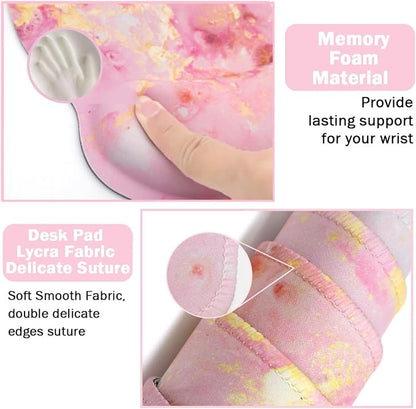 4-in-1 Gaming Mouse Pad Wrist Support Set，Desk Pad + Mouse Pad with Wrist Rest + Keyboard Wrist Rest + Coaster, Ergonomic Design for Home Office Study Game - Pink