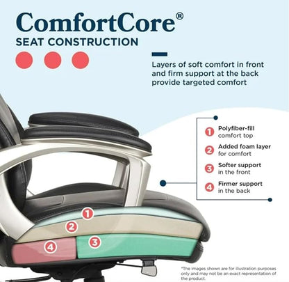 Lazzyboyy Executive Office Chair, Black Leather, Big and Tall, Active Lumbar Support, Ergonomic Design with Silver Base-Patented Active Lumbar Technology-Construction Supports up to 350lbs