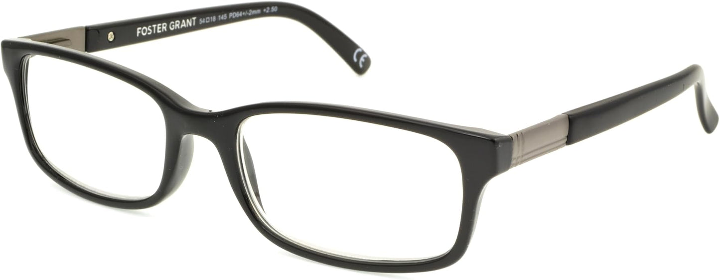 Foster Grant Men's Boston Rectangular Reading Glasses, Black/Transparent, 54 mm