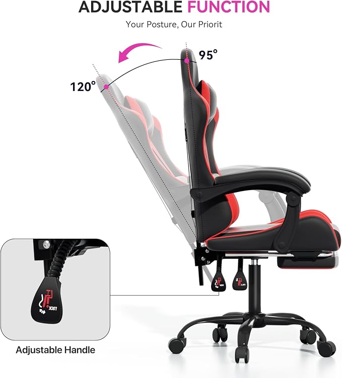 Gaming Chair, Ergonomic Computer Chairs with Arms, Lumbar Support, Footrest, Headrest 360°Swivel Chair, Adjustable Back and Height, Leather PC Chairs for Gaming, Study, Office, Black/Red