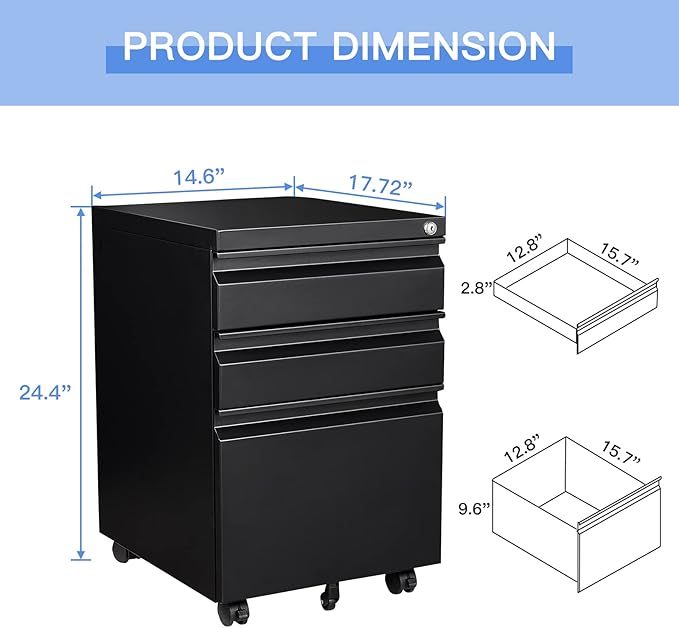 Yizosh 3 Drawer Mobile File Cabinet with Lock, Black Under Desk Rolling Filing Cabinet, Metal Locking File Cabinet on Wheels for Legal/Letter/A4 File (Full Assemble)