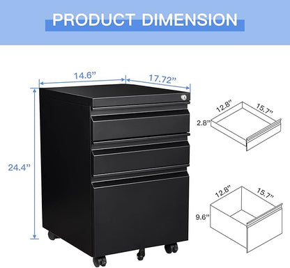 Yizosh 3 Drawer Mobile File Cabinet with Lock, Black Under Desk Rolling Filing Cabinet, Metal Locking File Cabinet on Wheels for Legal/Letter/A4 File (Full Assemble)