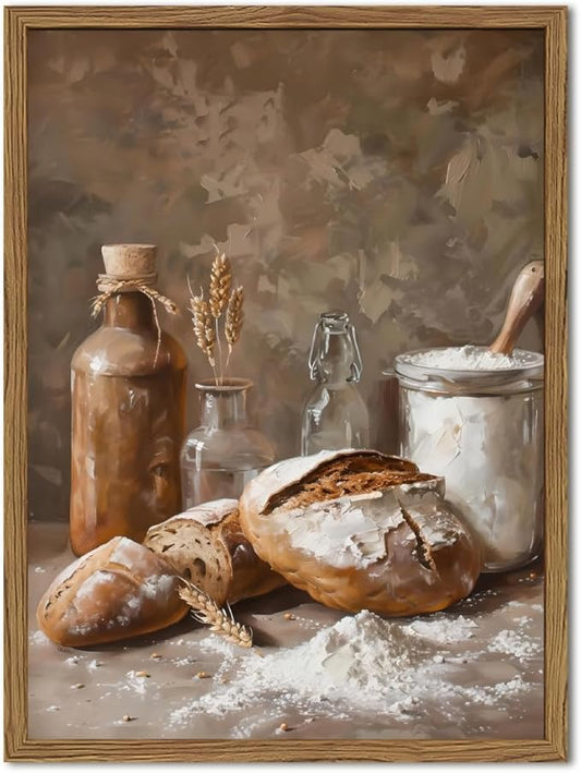 Framed Vintage Kitchen Wall Art, Rustic Bread and Flour Pictures Wall Decor Paintings, Farmhouse Food Poster Canvas Prints Country Home Decor for Dining Room Living Room Bakery 16x24 inch