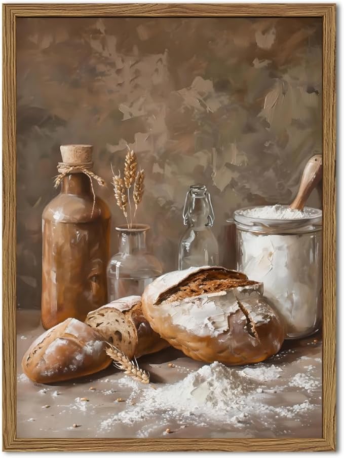 Framed Vintage Kitchen Wall Art, Rustic Bread and Flour Pictures Wall Decor Paintings, Farmhouse Food Poster Canvas Prints Country Home Decor for Dining Room Living Room Bakery 12x16 inch