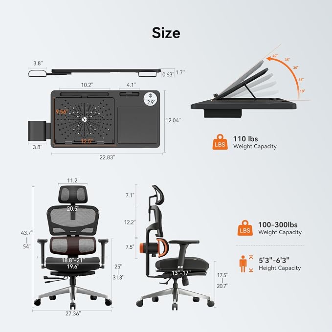 Newtral Ergonomic Office Chair - Home Office Desk Chair with Auto-Following Lumbar Support, 4D Armrest, Seat Depth and Height Adjustable (Black, Footrest + Laptop Tray)