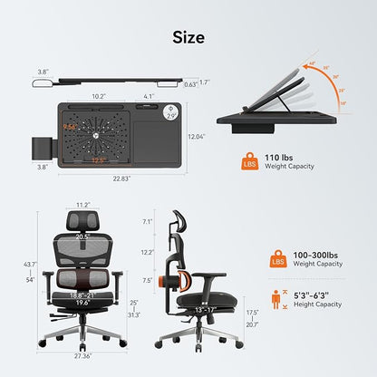 Newtral Ergonomic Office Chair - Home Office Desk Chair with Auto-Following Lumbar Support, 4D Armrest, Seat Depth and Height Adjustable (Black, Footrest + Laptop Tray)