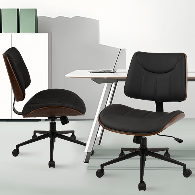 CLATINA Office Chair Armless with Wheels, Mid-Century Modern Walnut Desk Chair, Adjustable Height Reading Chair, PU Leather Mid Back & Swivel Computer Chairs for Home Meeting Room Bedroom, Black(2 PK)