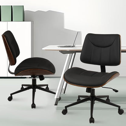 CLATINA Office Chair Armless with Wheels, Mid-Century Modern Walnut Desk Chair, Adjustable Height Reading Chair, PU Leather Mid Back & Swivel Computer Chairs for Home Meeting Room Bedroom, Black(2 PK)
