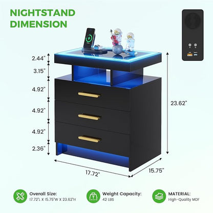 HNEBC Night Stand Set 2 with LED Lights, High Gloss Nightstand with 3 Drawers,Wireless&USB&Type-C Charging Station,Smart Side Tables with Tempered Glass Top for Bedroom,Living Room,Office-Black