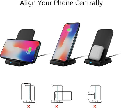 Amazon Basics Wireless Phone Charger Stand, 10W Qi Certified with USB Cable, Compatible with iPhone 16/15/14/13/12/11/X, Samsung & More, with USB Cable, Black (No AC Adapter)