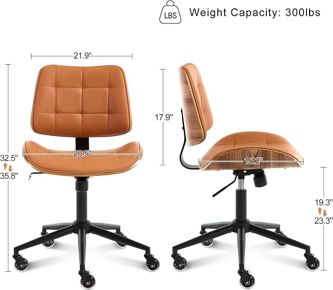 BV Armless Office Chair with Rubber Wheels, 360° Swivel Adjustable Task Chair, PU Leather Rolling Desk Chair for Home Office, Study and Conference Room, Brown