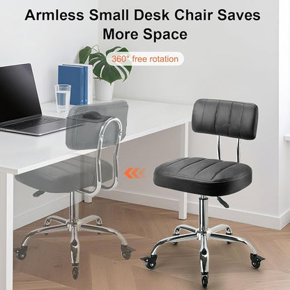 JOSTZHXIN Office Desk Chair with Wheels, Rolling Stool with Backrest Height Adjustable, Swivel Stool with Low Back Lumbar Support, Square PU Leather Swivel Chair with Back (3.2-in PU Wheel)