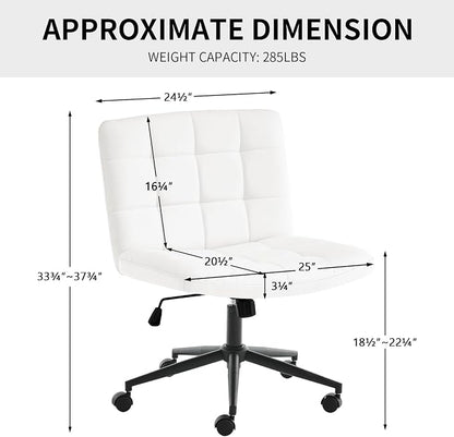 Furnimart Swivel Criss Cross Legged Chair with Wheels for Home Office, Wide Armless Desk Chair Height Adjustable Comfy Seat for Desk,Vanity, Bedroom, PU Ivory White