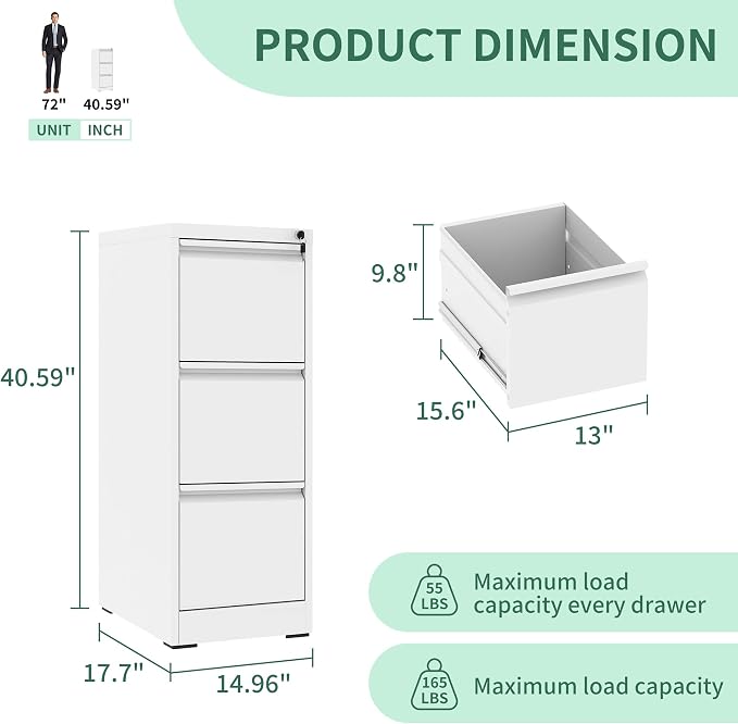 3 Drawer File Cabinet, Vertical File Cabinets with Lock for Home Office,Heavy Duty Office Steel Filing Cabinet for Hanging Letters/Legal/A4, Assembly Required (White)