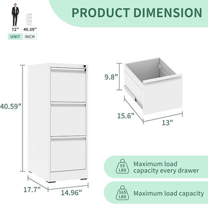 3 Drawer File Cabinet, Vertical File Cabinets with Lock for Home Office,Heavy Duty Office Steel Filing Cabinet for Hanging Letters/Legal/A4, Assembly Required (White)