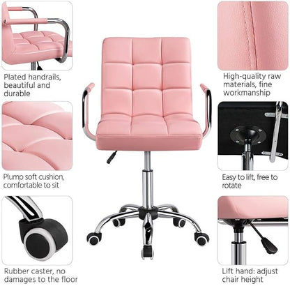 Topeakmart Office Chair Height Adjustable Mid Back PU Leather 360° Swivel Large Seat Stylish Office Chair Pink