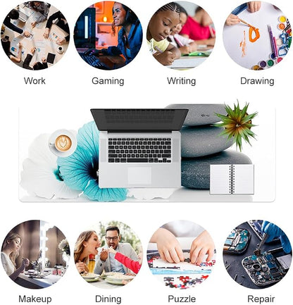 QiyI Desk Pad, Non-Slip PU Leather Desk Blotter Protector, Kids Floral Print Waterproof Computer Desk Mat, Thick Home & Office Large Keyboard Mouse Pad 31.5" x 11.8" - Pebbles & Blue White Flowers