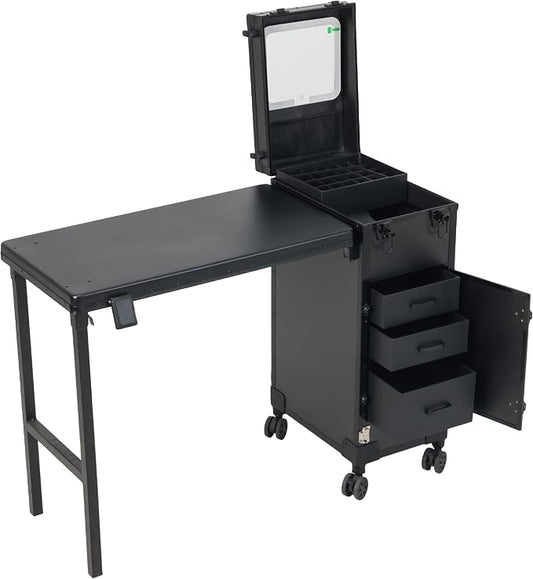 Portable Manicure Table with Storage – Travel Nail Desk | 360° Swivel Wheels Rolling Case, Professional Mobile Salon Station, Cosmetic Makeup Organizer Cart for Tech On the Go