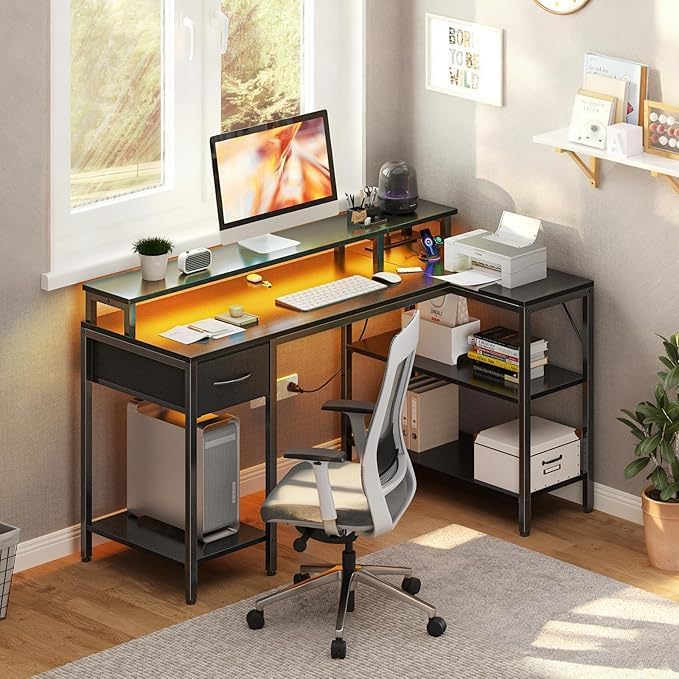 Alpen Corner Desk, 53 Inch L Shaped Desk with USB Charging Port and LED Light, Computer Desk with Storage Shelves & Monitor Stand, Corner Gamer Desk Table for Bedroom, Black