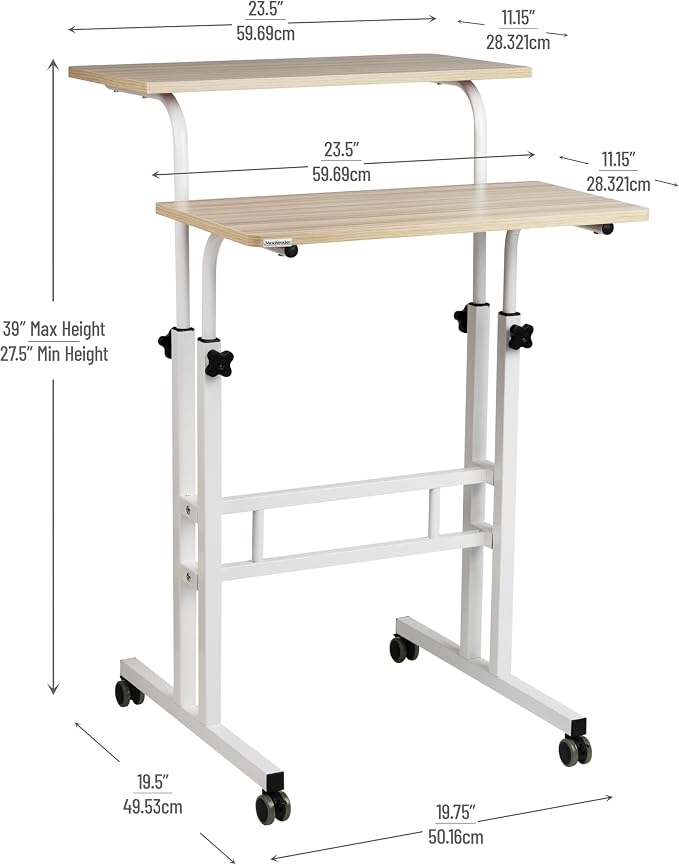 Mind Reader Standing Desk, Adjustable Height Laptop Workstation, Portable Rolling Desk on Wheels, Two-Tier Metal Frame, White