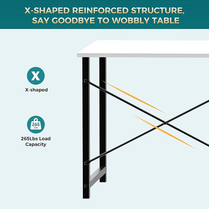 Sweetcrispy Small Computer Desk, 47" Office Writing Desk with Metal Frame & Wooden Top, X-Shaped Reinforcement, Student Study Home Bedroom Table, White