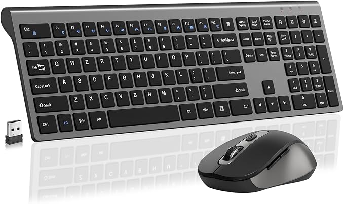 Wireless Mouse and Keyboard Combo, Full-Size Computer Keyboard with Calculator Button, 2400 Dpi Ergonomic Mouse, Ultra-Thin Cordless USB Keyboard and Mouse Set for Laptop Windows Mac - Grey