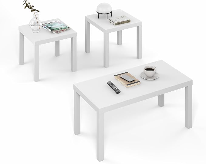 Furinno Classic Living Room Table Set of 3, Modern 1.8 Inch Thick Tabletop Rectangle Coffee Table with 2 Side Tables, End Tables, for Living Room, Home Office, White