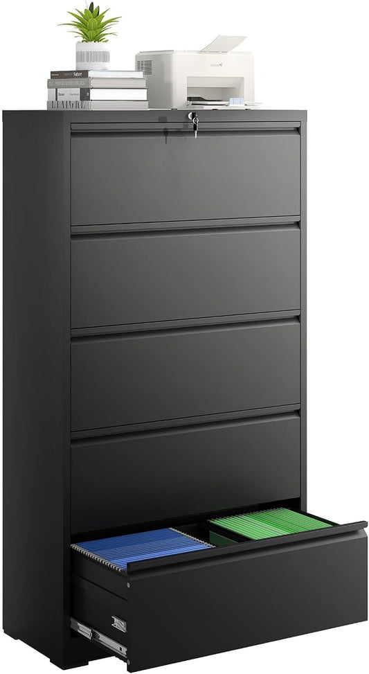 5 Drawer File Cabinet with Lock, Lateral Filing Cabinets, Metal Storage Filing Cabinets for Home Office, Heavy Duty File Cabinet for Letter/Legal/A4/F4 Size Assembly Required, Black