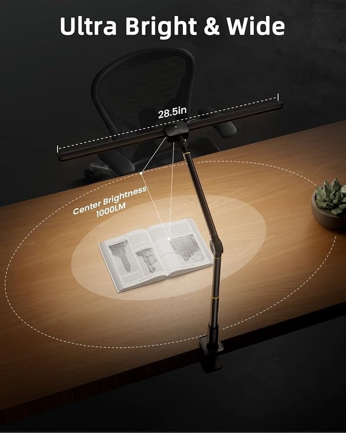 Desk Lamps for Home Office, Sensor Switch Dual Lamp Head | 270° Rotatable & Extendable Aluminum Alloy Arm, Eye-Caring, 24W Dimmable 3 Color Modes Desk Light with Clamp