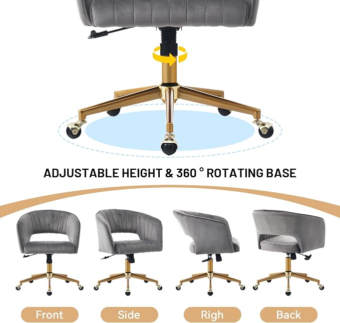 Vanity Chair with Back 360 Swivel Armchair and Gold Base, Criss Cross Chair with Wheels for Vanity Home Office, Living Room, Bedroom and Study (Grey)