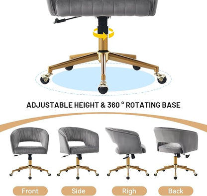 Vanity Chair with Back 360 Swivel Armchair and Gold Base, Criss Cross Chair with Wheels for Vanity Home Office, Living Room, Bedroom and Study (Grey)