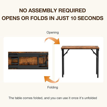 TEMI Small Computer Desk Folding Table - No Assembly, Compact 35.8" Foldable Desk with Power Outlets & USB Charging Port, Portable Small Office Desk, Ideal Mini Study Table for Narrow Spaces, Brown