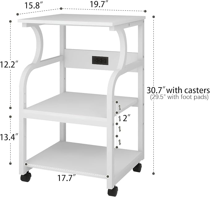 Natwind 3 Tier Printer Stand,Rolling Printer Table with Adjustable Storage Shelf for Home Office Organization,Multifunctional Shelves for Heat Press,3D Printer (White)