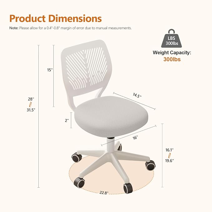 Armless Desk Chair Swivel Office Rolling Chair with Soft Padded Cushion, Height Adjustable Small Task Chair, Ergonomic Study Computer Chair for Kids Girls Boys Teens (White, 2PCS)