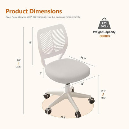 Armless Desk Chair Swivel Office Rolling Chair with Soft Padded Cushion, Height Adjustable Small Task Chair, Ergonomic Study Computer Chair for Kids Girls Boys Teens (White, 2PCS)
