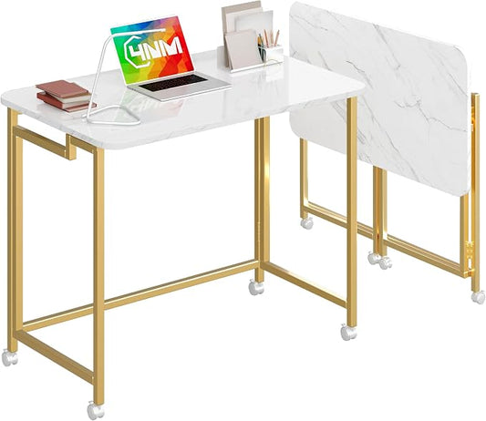 4NM 31.5" Mobile Small Rolling Computer Desk, Folding Laptop Cart Table with Wheels, Portable Office Desk for Small Space Couch Bed - White and Golden
