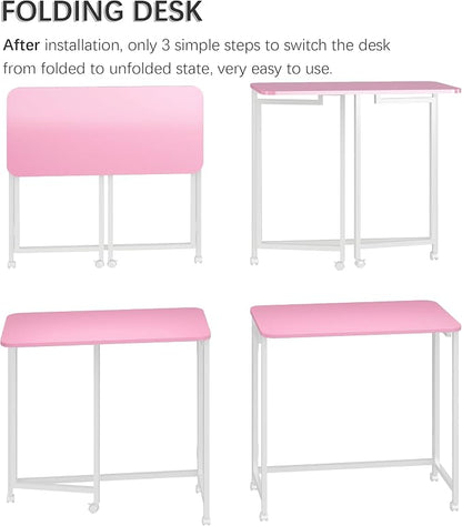 4NM 31.5" Mobile Small Rolling Computer Desk, Folding Laptop Cart Table with Wheels, Portable Office Desk for Small Space Couch Bed - Pink and White
