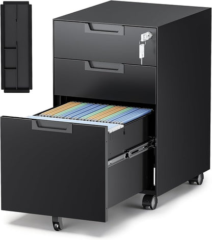 3-Drawer File Cabinet with Lock, Under Desk Rolling Filing Cabinet for Legal/Letter/A4 File Folder, Printer Stand, Metal Storage Cabinet on Wheels for Home Office(Fully Assembled，Black)