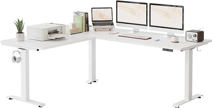 FEZIBO 75 Inches, Supports Over 300lbs, Large L Shaped Standing Desk, Electric Height Adjustable L Shaped Desk, Suitable for Home Office, White Frame/White Top