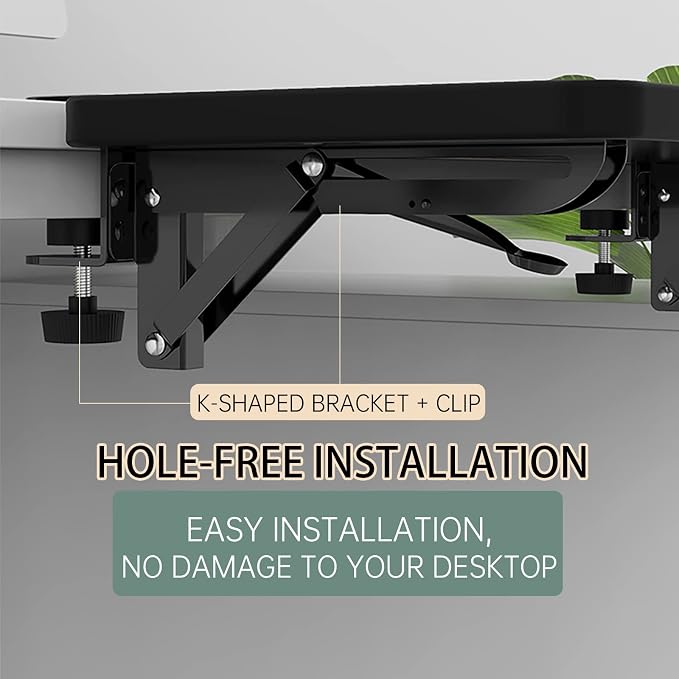 Sisyphy Ergonomics Desk Extender Tray, 9.5x9.1" Punch-Free Clamp on, Foldable Keyboard Drawer Tray, Table Mount Arm Wrist Rest Shelf, Computer Elbow Arm Support