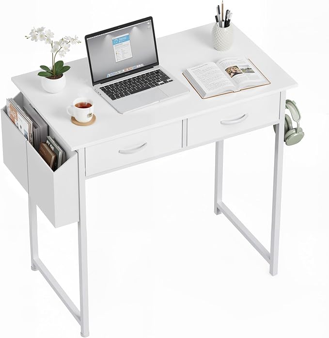 OLIXIS 32 Inch Small Desk with Fabric Drawers for Home Office, Gaming Computer Desk with Side Bag & Headphone Hook, Writing Study Work Table for Bedroom Small Space, White