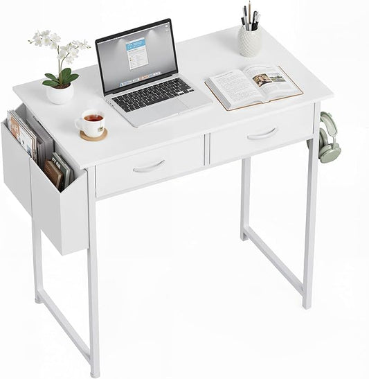 OLIXIS 32 Inch Small Desk with Fabric Drawers for Home Office, Gaming Computer Desk with Side Bag & Headphone Hook, Writing Study Work Table for Bedroom Small Space, Natural White