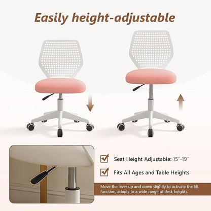 Small Office Chair with Wheels, Armless Desk Chair Height Adjustable Swivel Rolling Task Chair Breathable Mesh Ergonomic Computer Work Chair for Adult, Pink