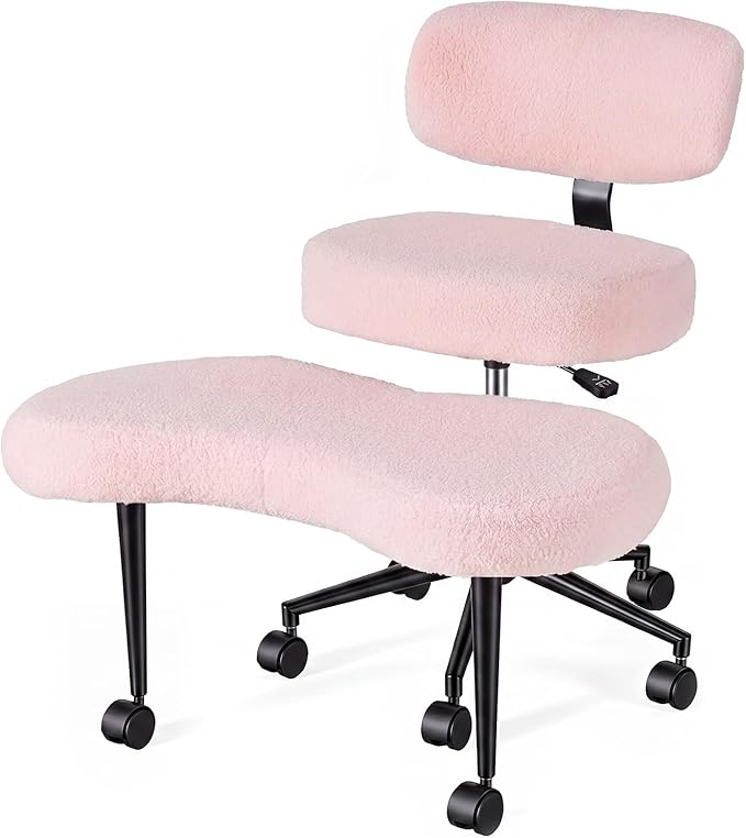 DUMOS Ergonomic ADHD Meditation Office Desk Chair with Adjustable Backrest, Cross Legged Chair Height Adjustable with 360° Swivel Footstool, Yoga Stool for Home Office, Teddy Fabric Pink