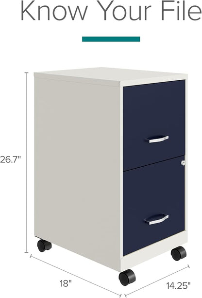 Space Solutions - 2 Drawer Fully Assembled Vertical Steel File Cabinet, Home & Small Office Use, Fits Under Most Desks, Letter-Size, Lock, Mobile, Pearl White/Navy