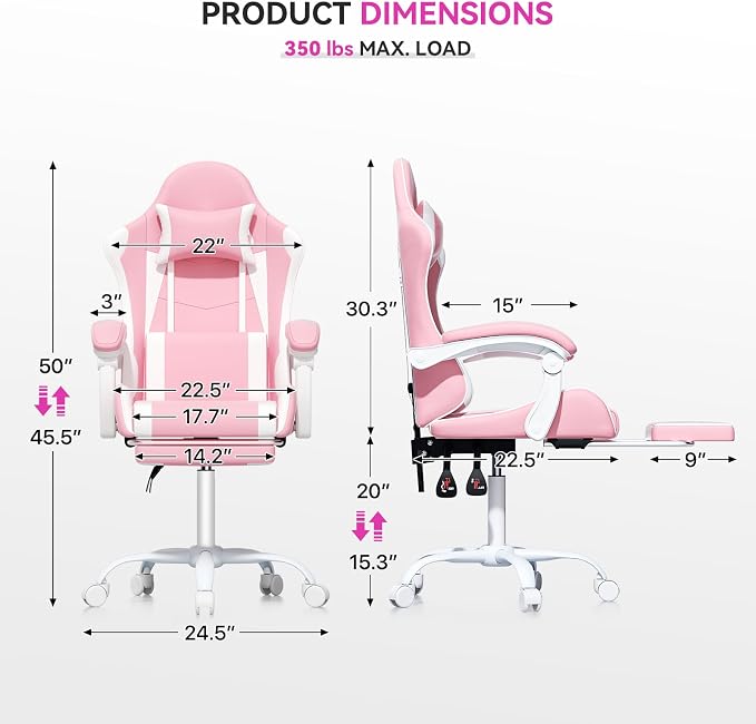 Gaming Chair, Ergonomic Computer Chairs with Arms, Lumbar Support, Footrest, Headrest 360°Swivel Chair, Adjustable Back and Height, Leather PC Chairs for Gaming, Study, Office, Pink