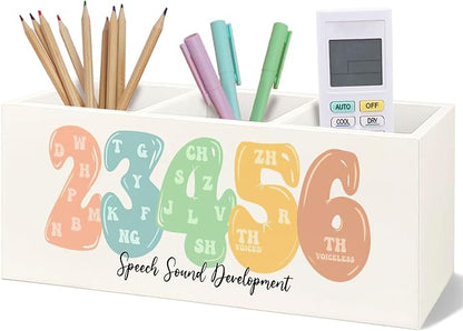 Speech Therapy Wooden Pen Pencil Holder for Desk, Speech Sound Development SLP Mental Health Wood Makeup Brush Toothbrush Holder Organizer for SLP Therapist Office Clinic Kids Room