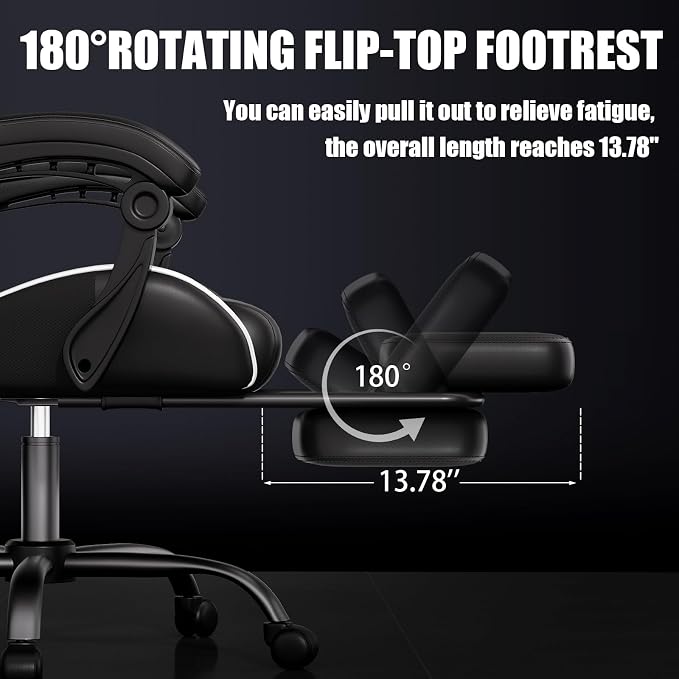 Czlolo Gaming Chair, Ergonomic Office Computer Chair with Footrest and Lumbar Support Massager Racing Style High Back Video Gamer Chair, Wide＆Thick Cushion, 90°-135° Recline, Adjustable Height, White