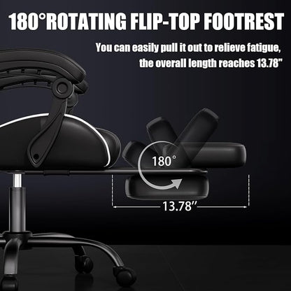 Czlolo Gaming Chair, Ergonomic Office Computer Chair with Footrest and Lumbar Support Massager Racing Style High Back Video Gamer Chair, Wide＆Thick Cushion, 90°-135° Recline, Adjustable Height, White